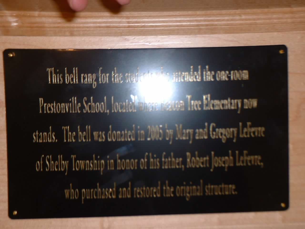 Prestonville School Bell Dedication Plaque.