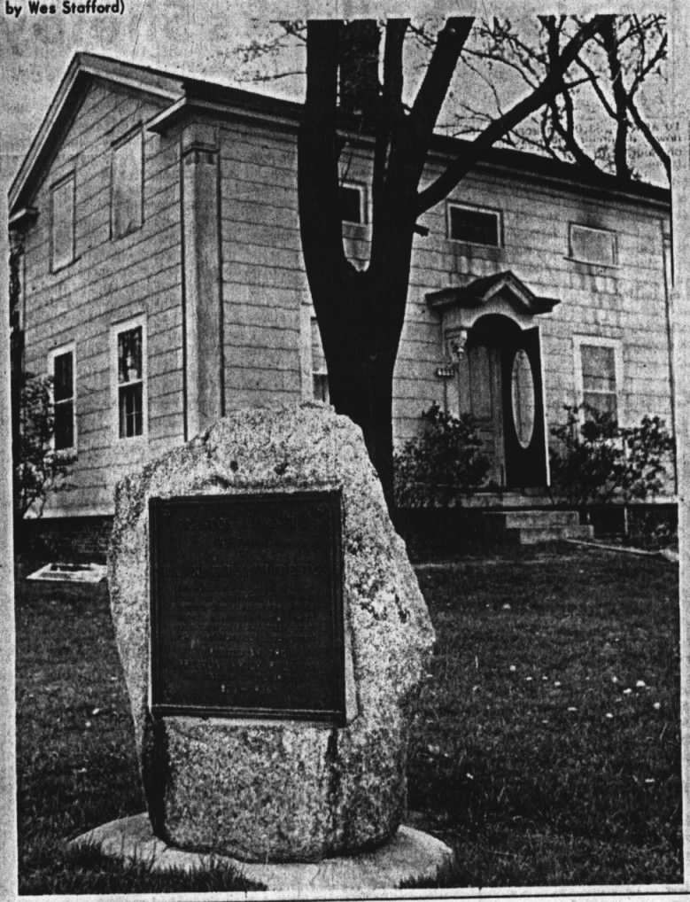 Ira Preston House-1967 Photo of fire damaged home showing the 1826-1926 bronze Prestonville marker.